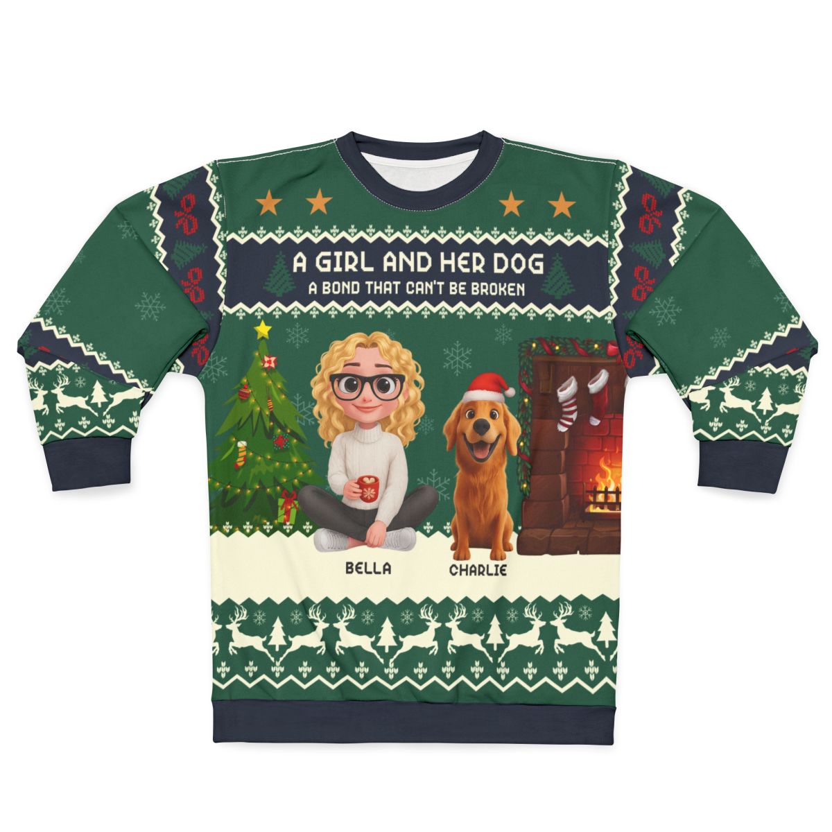 Personalized Girl and Dog Christmas Sweater – Custom Pet & Owner Cartoon Clipart Holiday Sweatshirt | Custom Names Gift for Dog Lovers