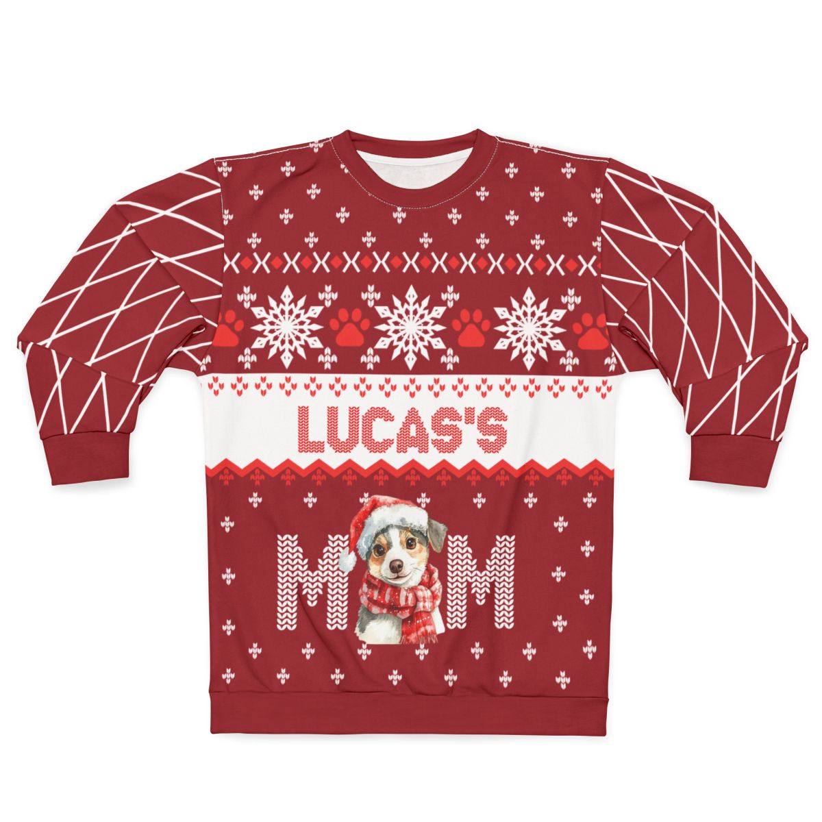 AOP Sweatshirt – Personalized Dog Name Christmas Sweater | Custom “Dog Mom” Holiday Gift