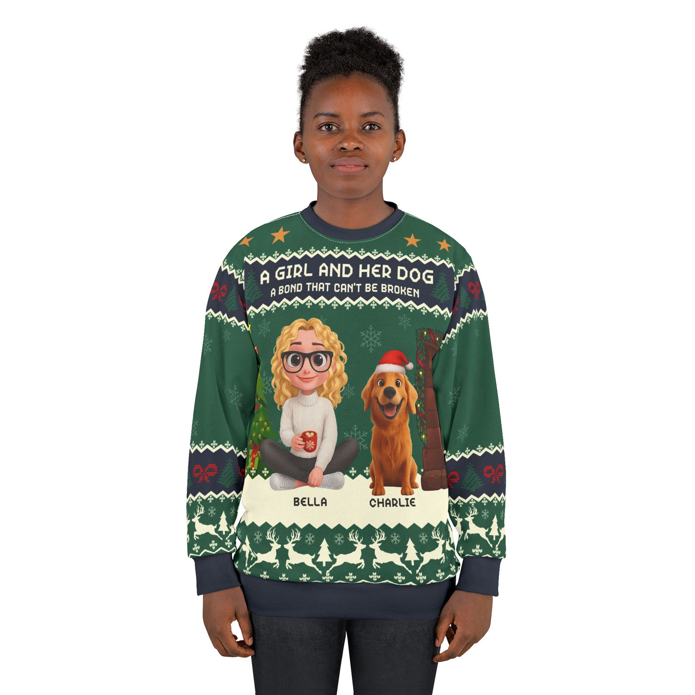 Personalized Girl and Dog Christmas Sweater – Custom Pet & Owner Cartoon Clipart Holiday Sweatshirt | Custom Names Gift for Dog Lovers