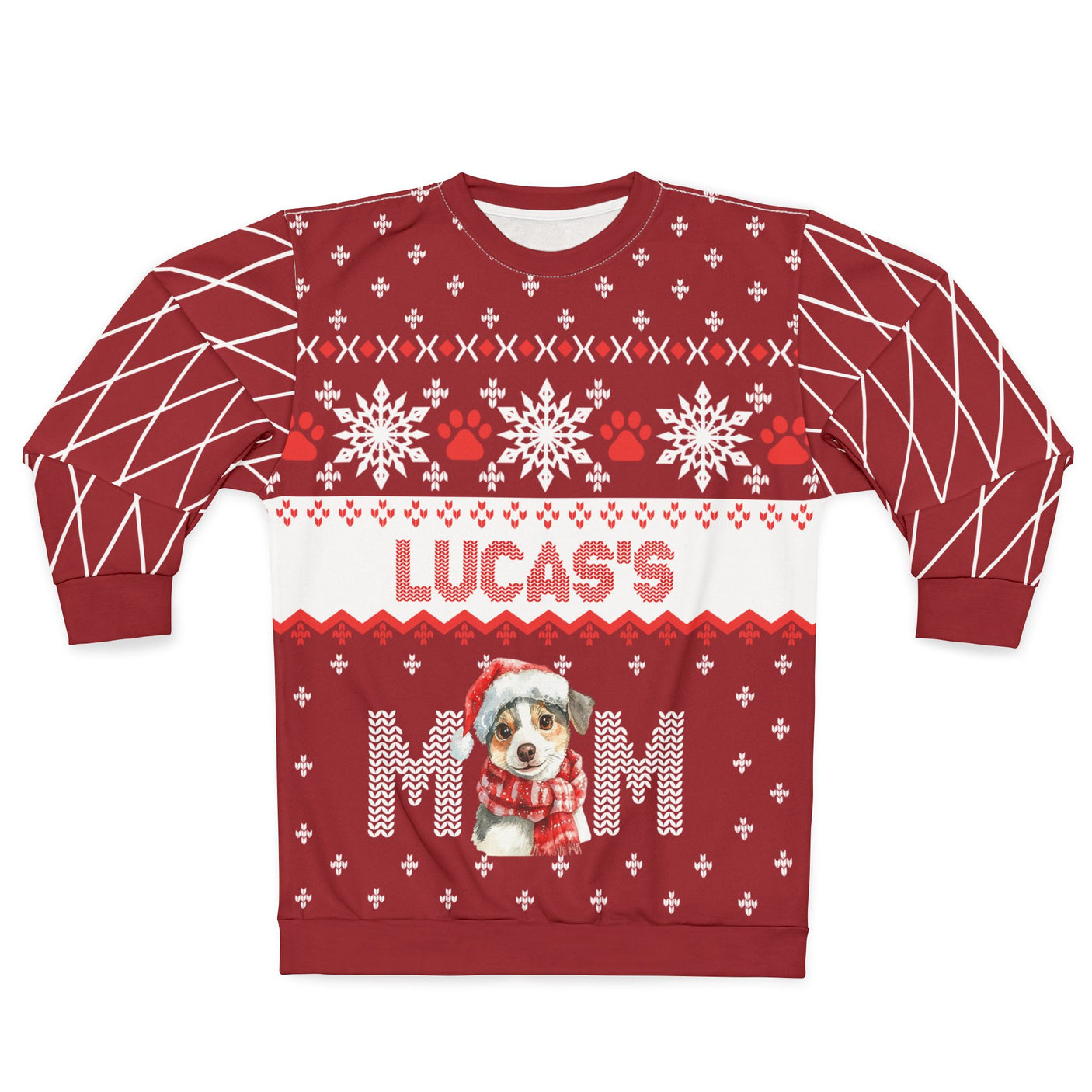 AOP Sweatshirt – Personalized Dog Name Christmas Sweater | Custom “Dog Mom” Holiday Gift