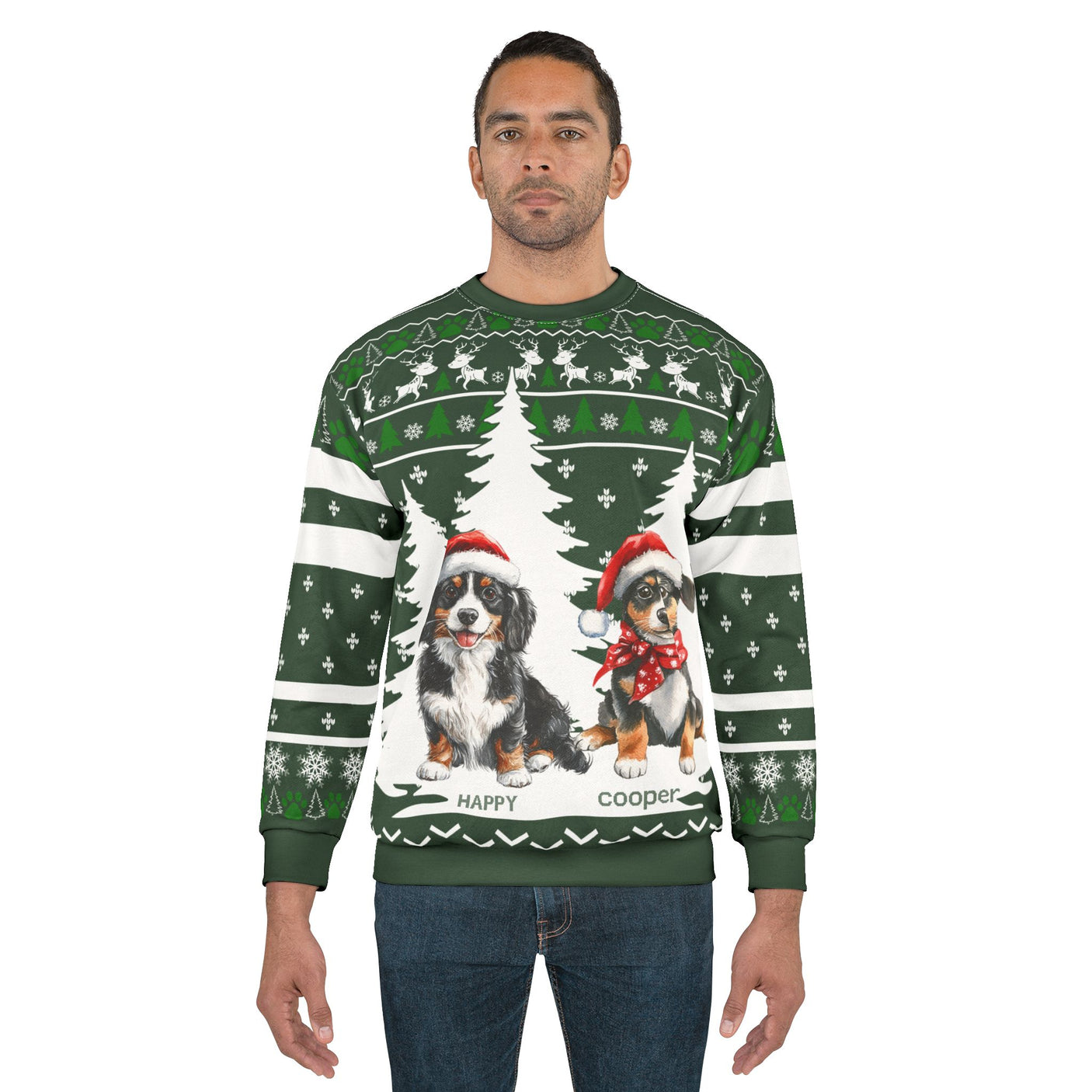 AOP Sweatshirt – Personalized Two Dogs Christmas Sweater | Custom Pet Name Holiday Sweatshirt