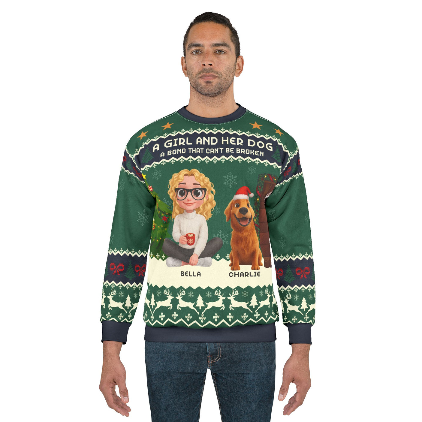 Personalized Girl and Dog Christmas Sweater – Custom Pet & Owner Cartoon Clipart Holiday Sweatshirt | Custom Names Gift for Dog Lovers