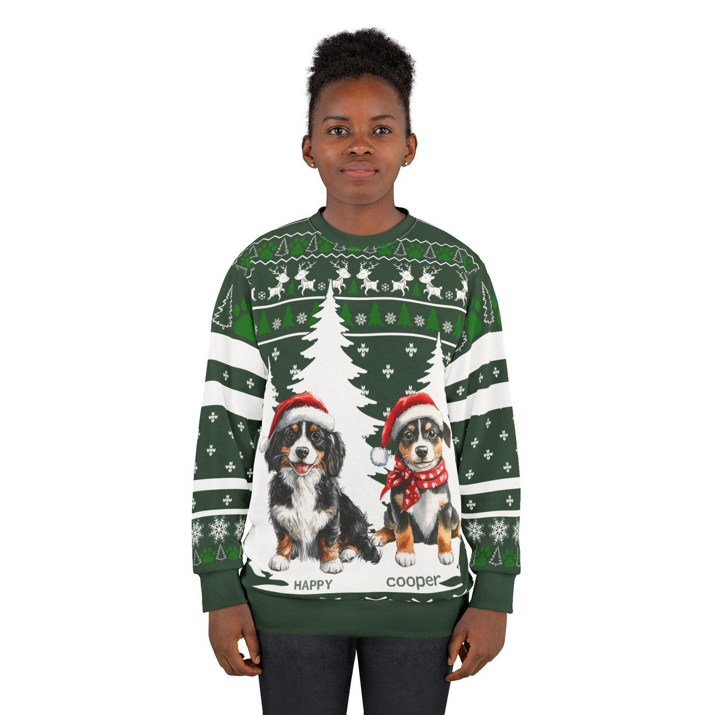 AOP Sweatshirt – Personalized Two Dogs Christmas Sweater | Custom Pet Name Holiday Sweatshirt