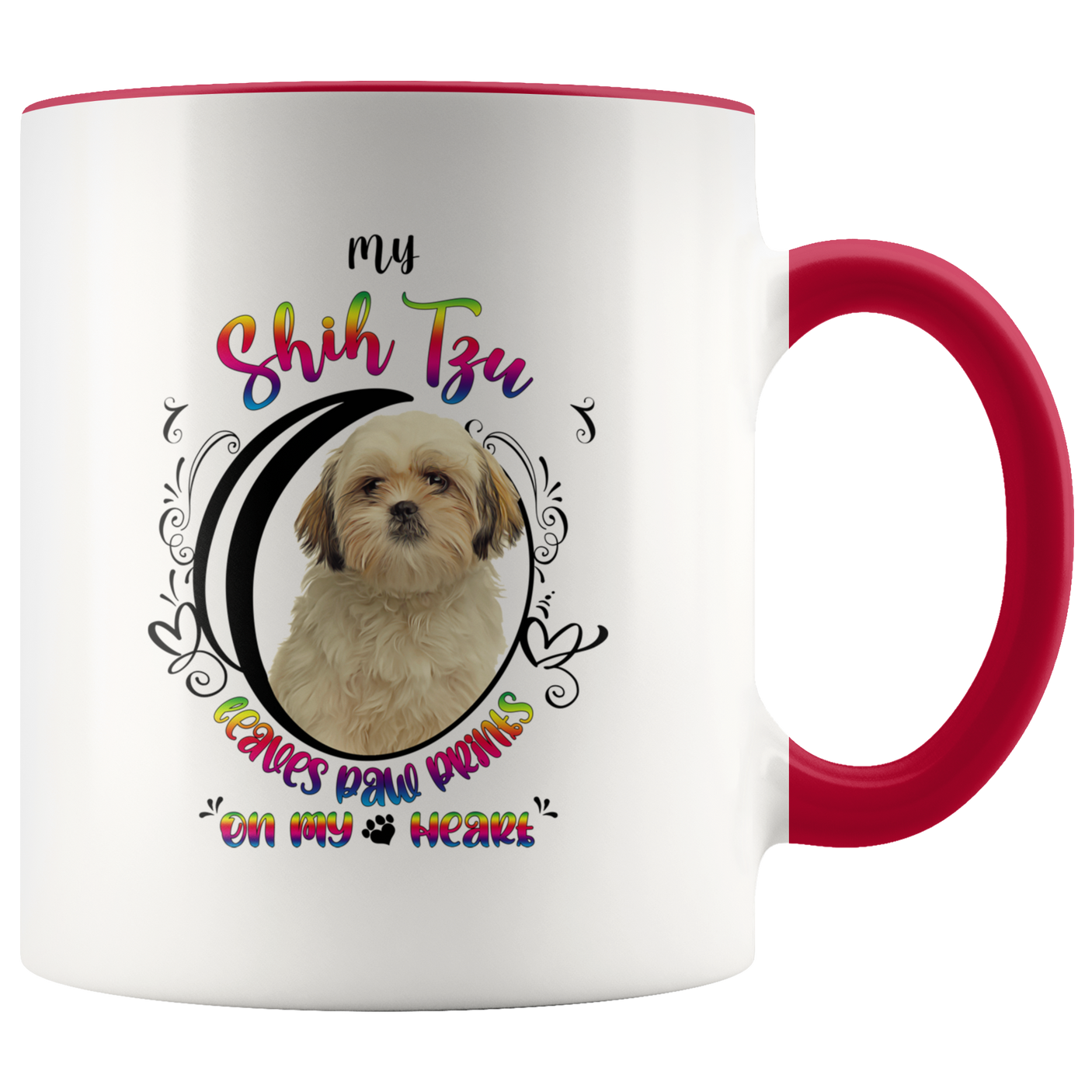 My Shih Tzu Leaves Paw Prints On My Heart White Shih Tzu 2-Toned Color Mug (Colorful Text)