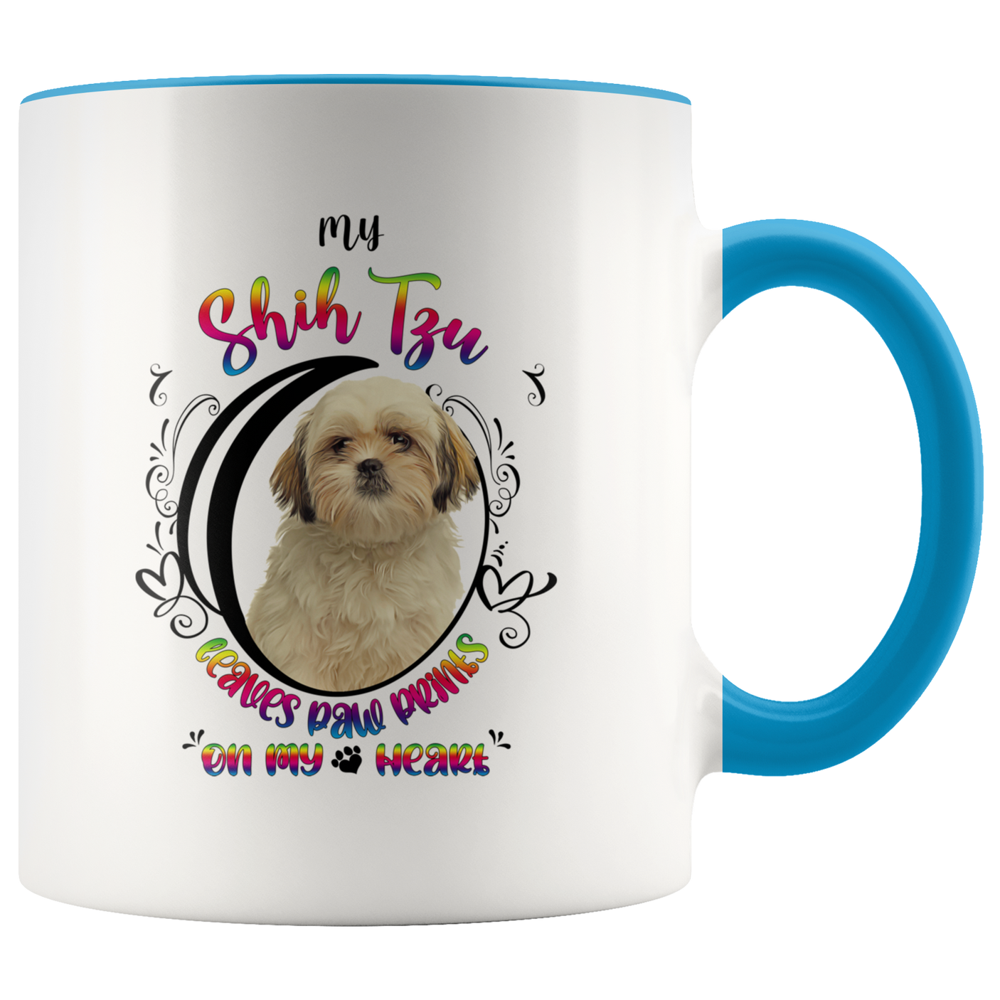 My Shih Tzu Leaves Paw Prints On My Heart White Shih Tzu 2-Toned Color Mug (Colorful Text)