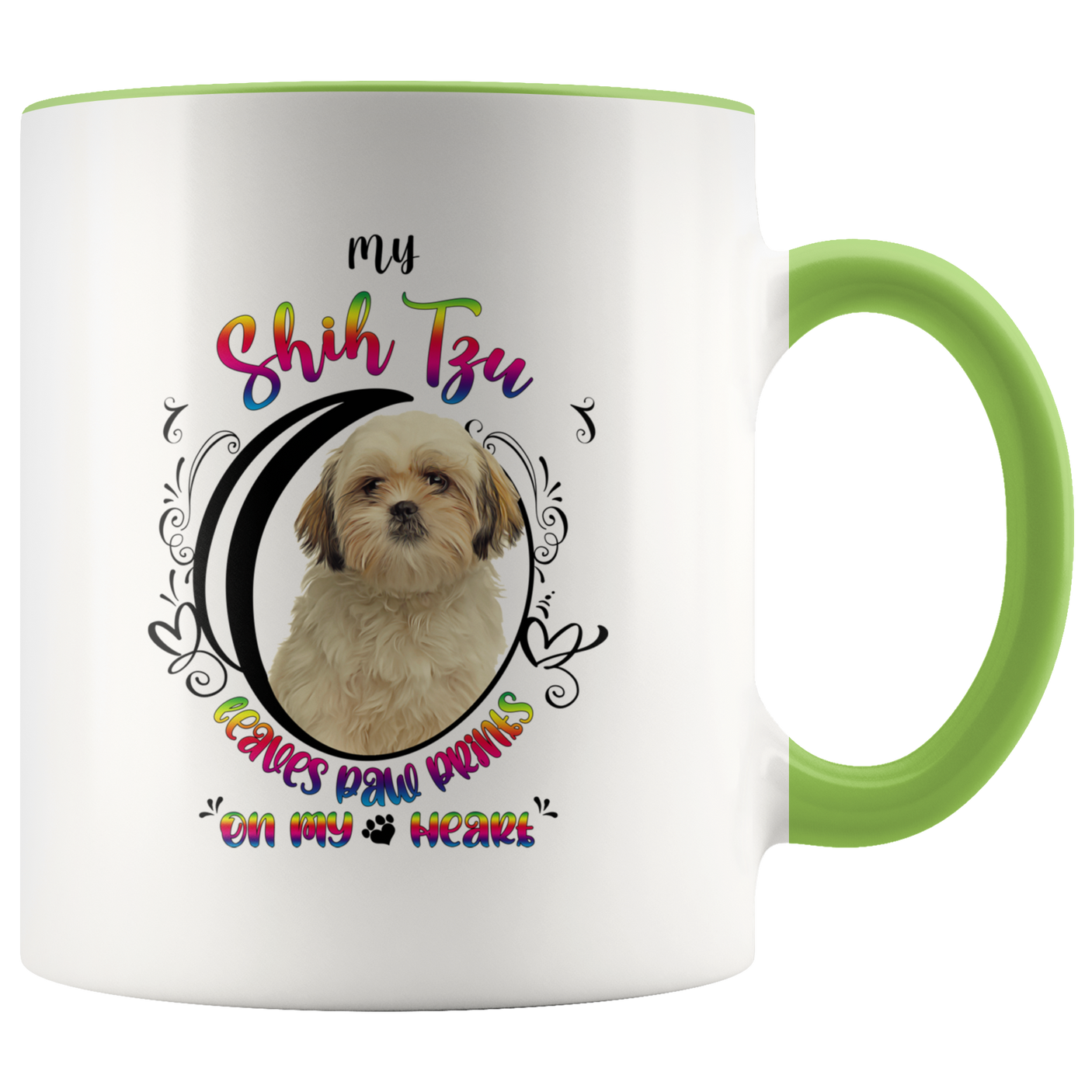 My Shih Tzu Leaves Paw Prints On My Heart White Shih Tzu 2-Toned Color Mug (Colorful Text)