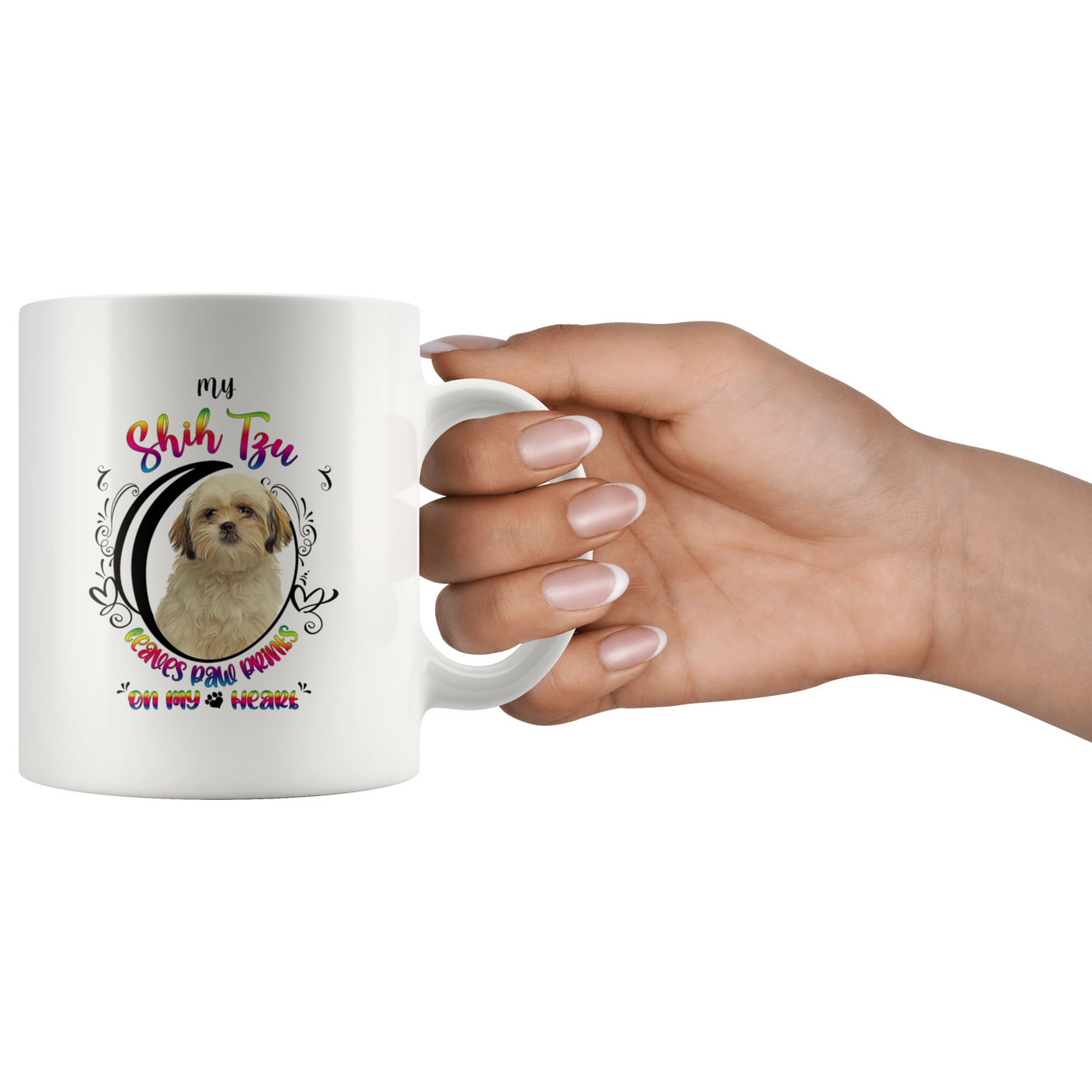 My Shih Tzu Leaves Paw Prints On My Heart White Shih Tzu Mug (Colorful Text)