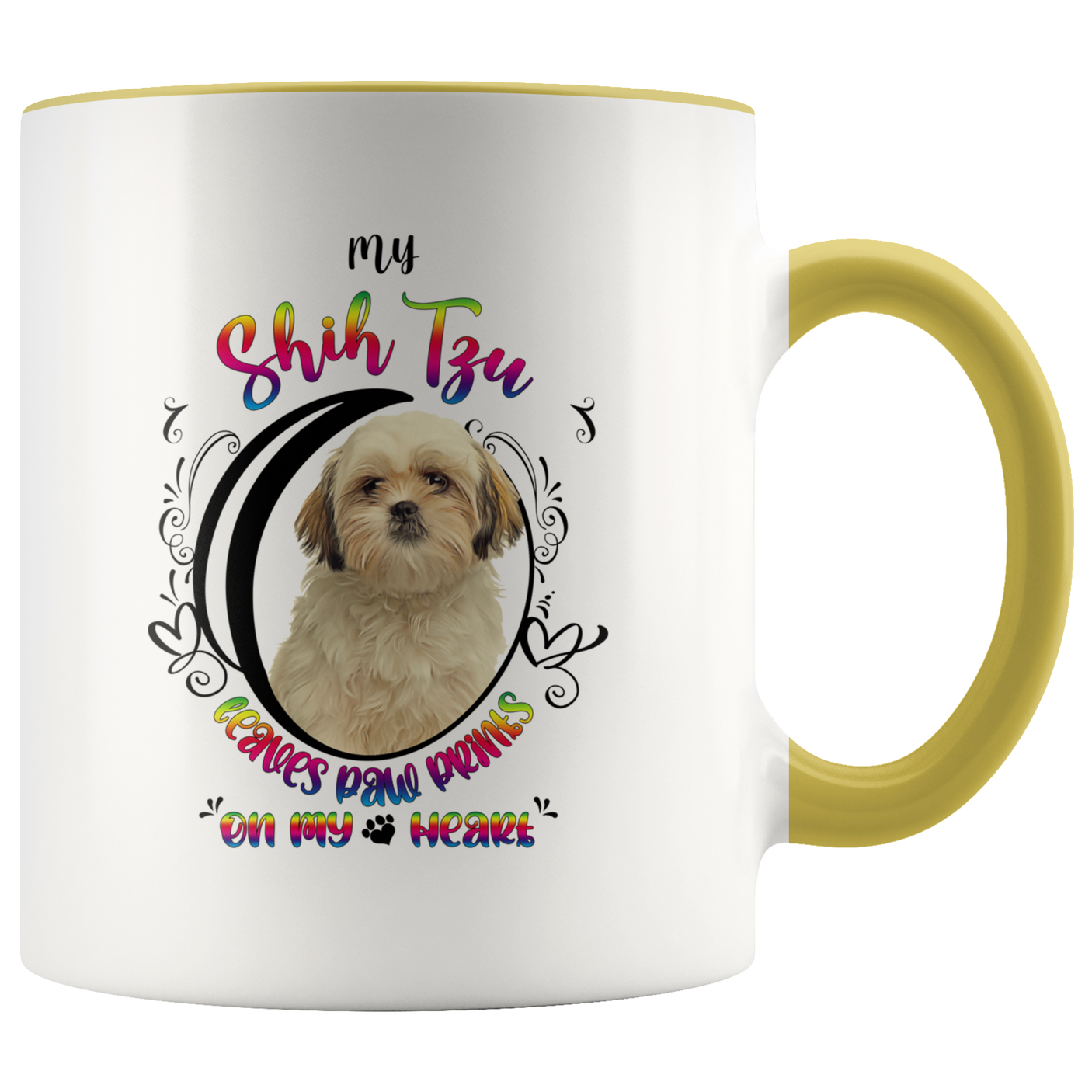 My Shih Tzu Leaves Paw Prints On My Heart White Shih Tzu 2-Toned Color Mug (Colorful Text)