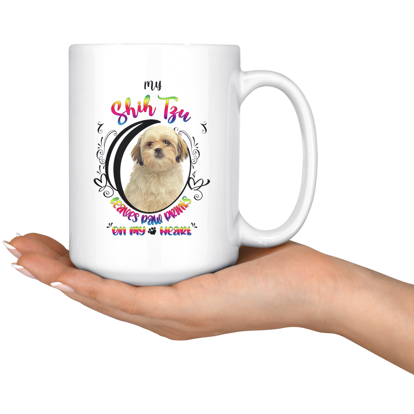 My Shih Tzu Leaves Paw Prints On My Heart White Shih Tzu Mug (Colorful Text)