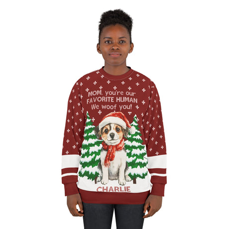 Dog Mom holiday sweatshirt with dog illustration