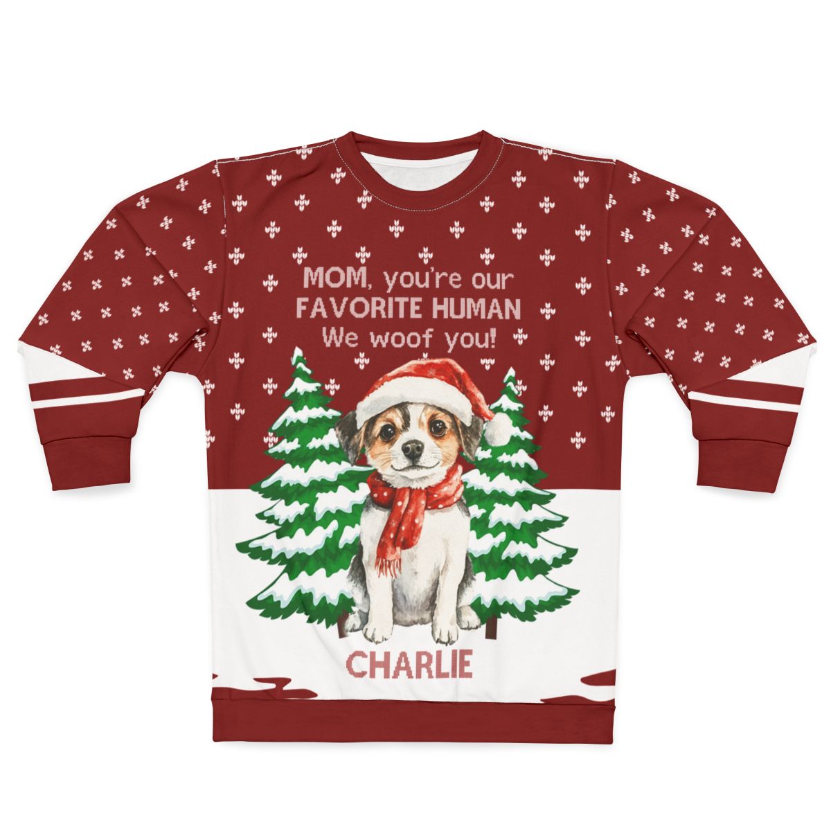 AOP Sweatshirt – Personalized “Mom You’re Our Favorite Human” Dog Name Christmas Sweater | Custom Pet Gift