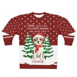 AOP Sweatshirt – Personalized “Mom You’re Our Favorite Human” Dog Name Christmas Sweater | Custom Pet Gift