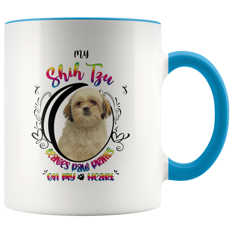 My Shih Tzu Leaves Paw Prints On My Heart White Shih Tzu 2-Toned Color Mug (Colorful Text)