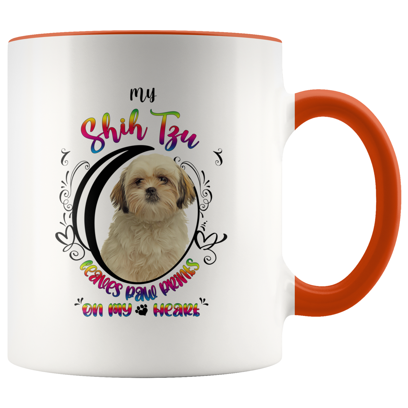 My Shih Tzu Leaves Paw Prints On My Heart White Shih Tzu 2-Toned Color Mug (Colorful Text)