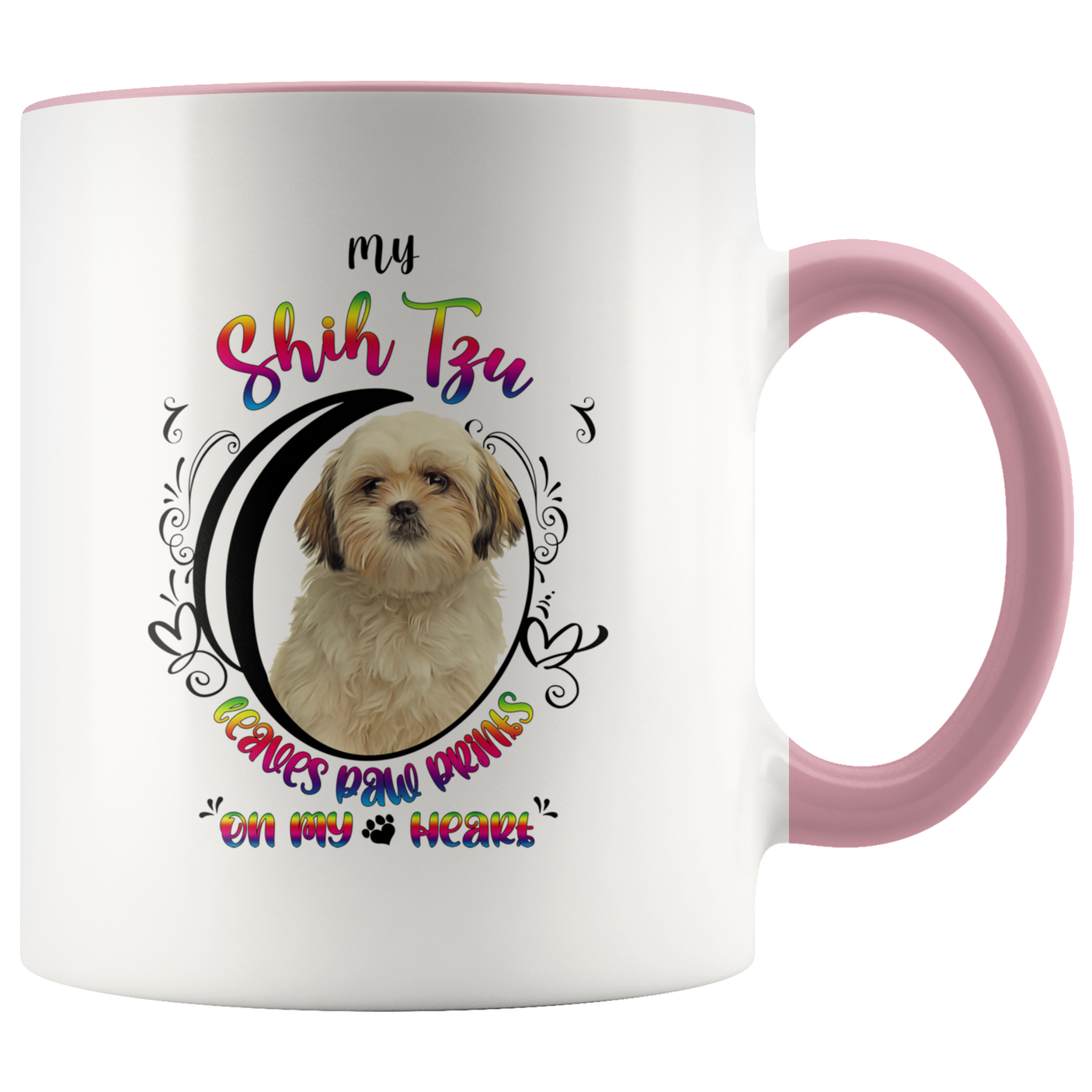 My Shih Tzu Leaves Paw Prints On My Heart White Shih Tzu 2-Toned Color Mug (Colorful Text)