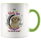 My Shih Tzu Leaves Paw Prints On My Heart White Shih Tzu 2-Toned Color Mug (Colorful Text)