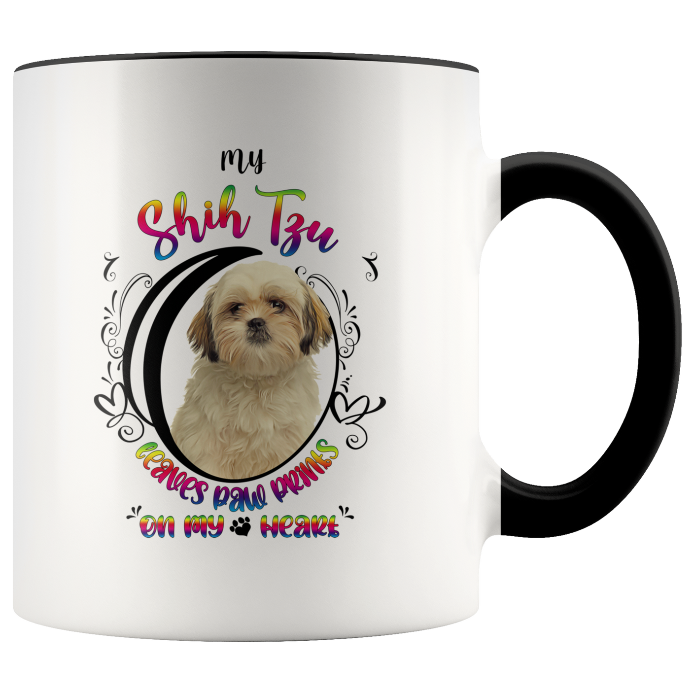 My Shih Tzu Leaves Paw Prints On My Heart White Shih Tzu 2-Toned Color Mug (Colorful Text)